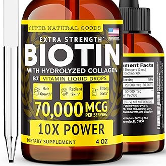 - Super Natural Goods Liquid Biotin & Collagen 70,000mcg Hair Growth Vitamin Drops - Radiant Skin, Strong Nail Support - High Potency Hair Loss Supplement for Damaged Strands, for Men & Women (4oz)