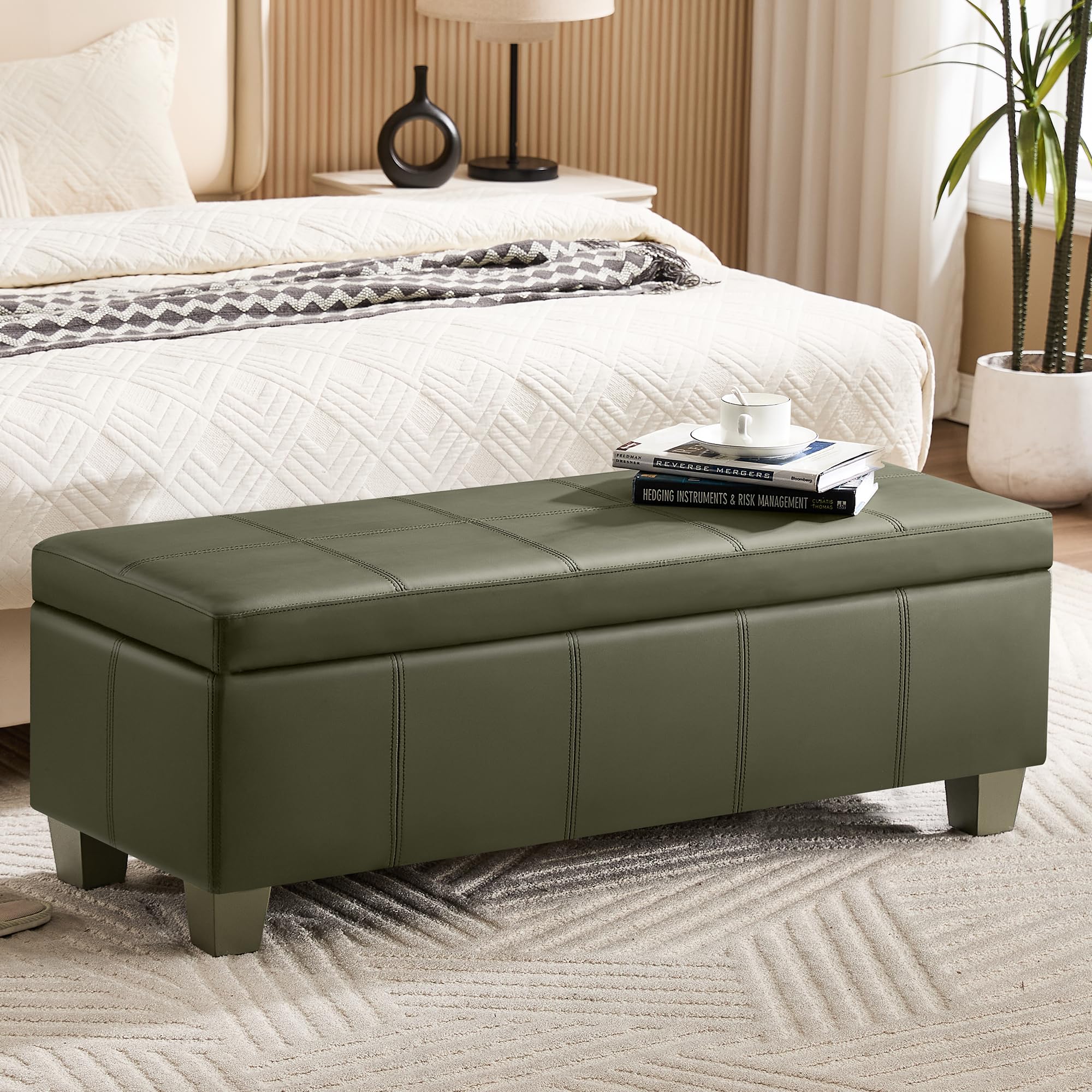 WUTUTUEE 51" Faux Leather Storage Ottoman, Stitch Tufted Rectangle Upholstered End of Bed Storage Bench, Entryway Large Couch Ottoman with Wooden Legs, Green