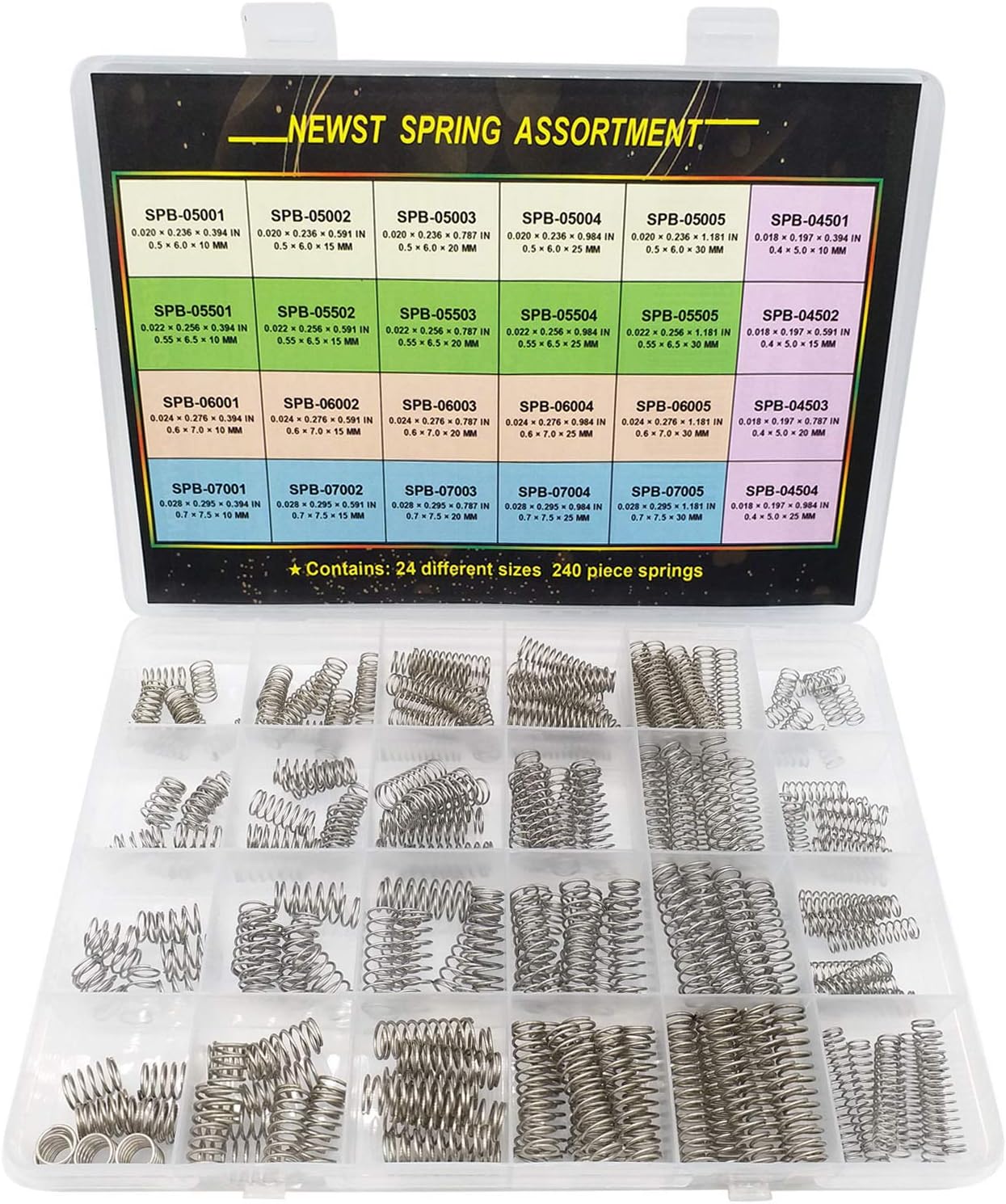 Compression Springs NEWST Spring Assortment Kit | 24 Different Sizes 240 Piece Stainless Steel Spring Assortment with Case | 10~30mm(0.39" to 1.18" ) Length,5~7.5mm(0.2" to 0.3" ) OD