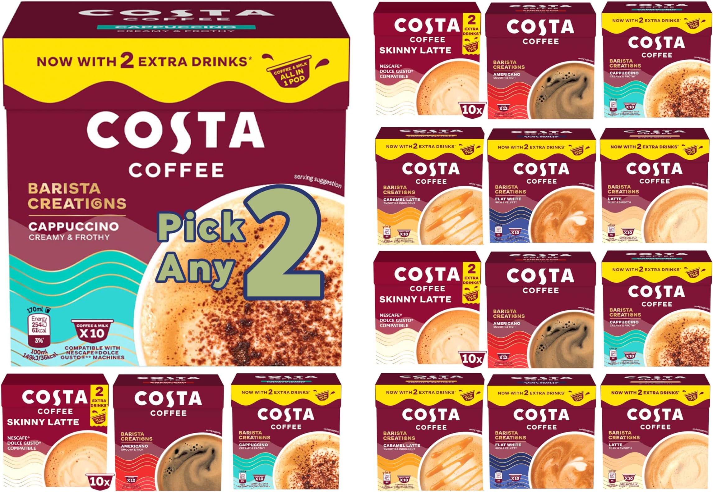 Costa Coffee Pods - Pick Any 2 Pack From 6 Flavours, Including Costa Skinny Latte Pods, Latte Pods, Caramel Latte, Cappuccino & Flat white Coffee Pods