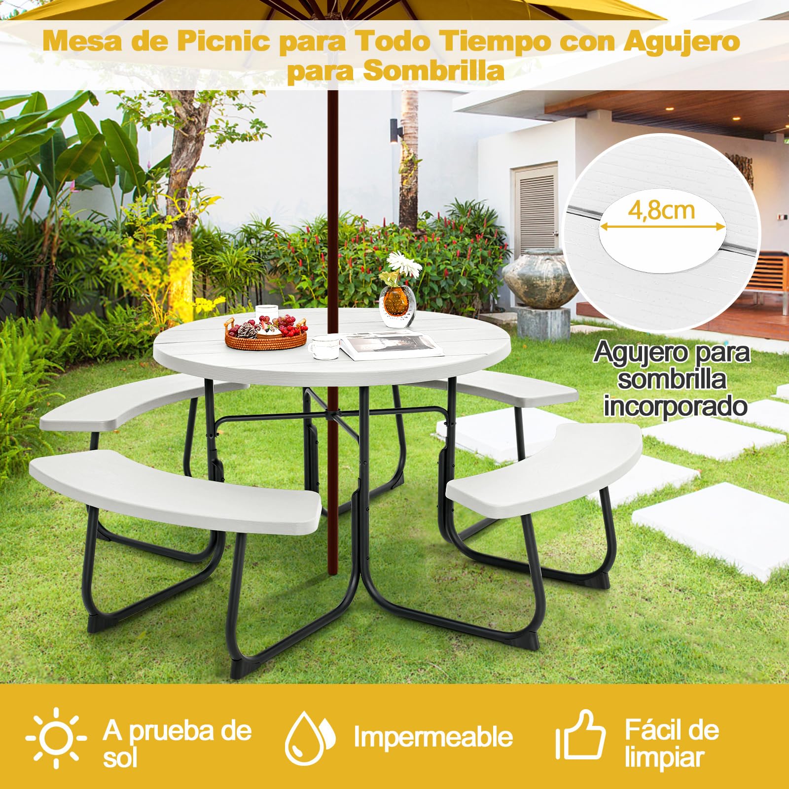 COSTWAY Conjunto de Mesa de Camping con Banco, 8 Personas, Mesa Camping Redonda con 4 Bancos,HDPE, Orificio para Sombrilla, Mesa y Sillas Jardin Patio Terraza (Blanco)