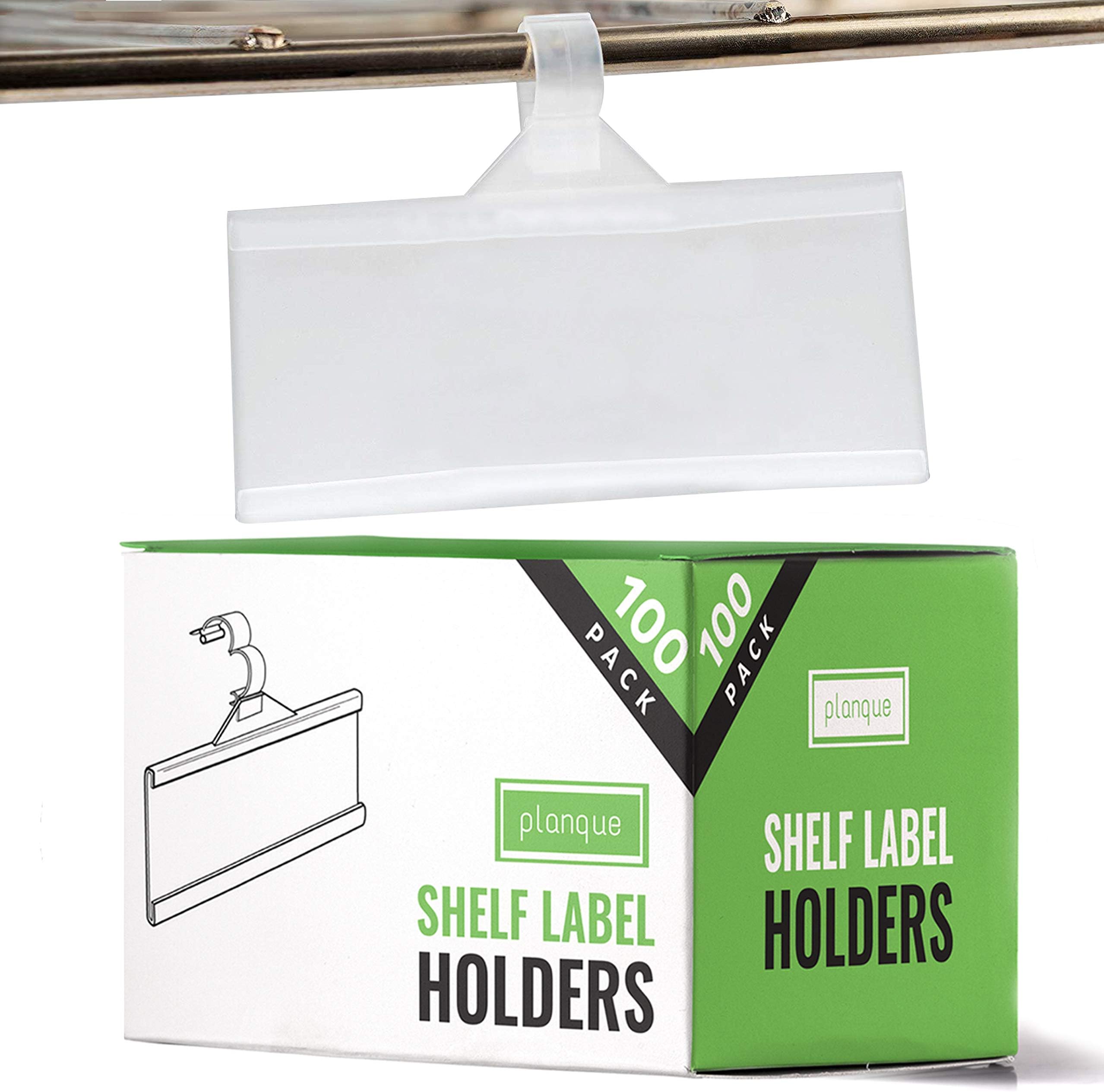 PLANQUE Professional Label Holder, Shelf Labels Holder w Easy Clip Design Snap Lock Closure, Label Holders for Wire Shelves & Baskets, Premium Plastic Label Holder, Retail Price Tag Holder (100 Pack)