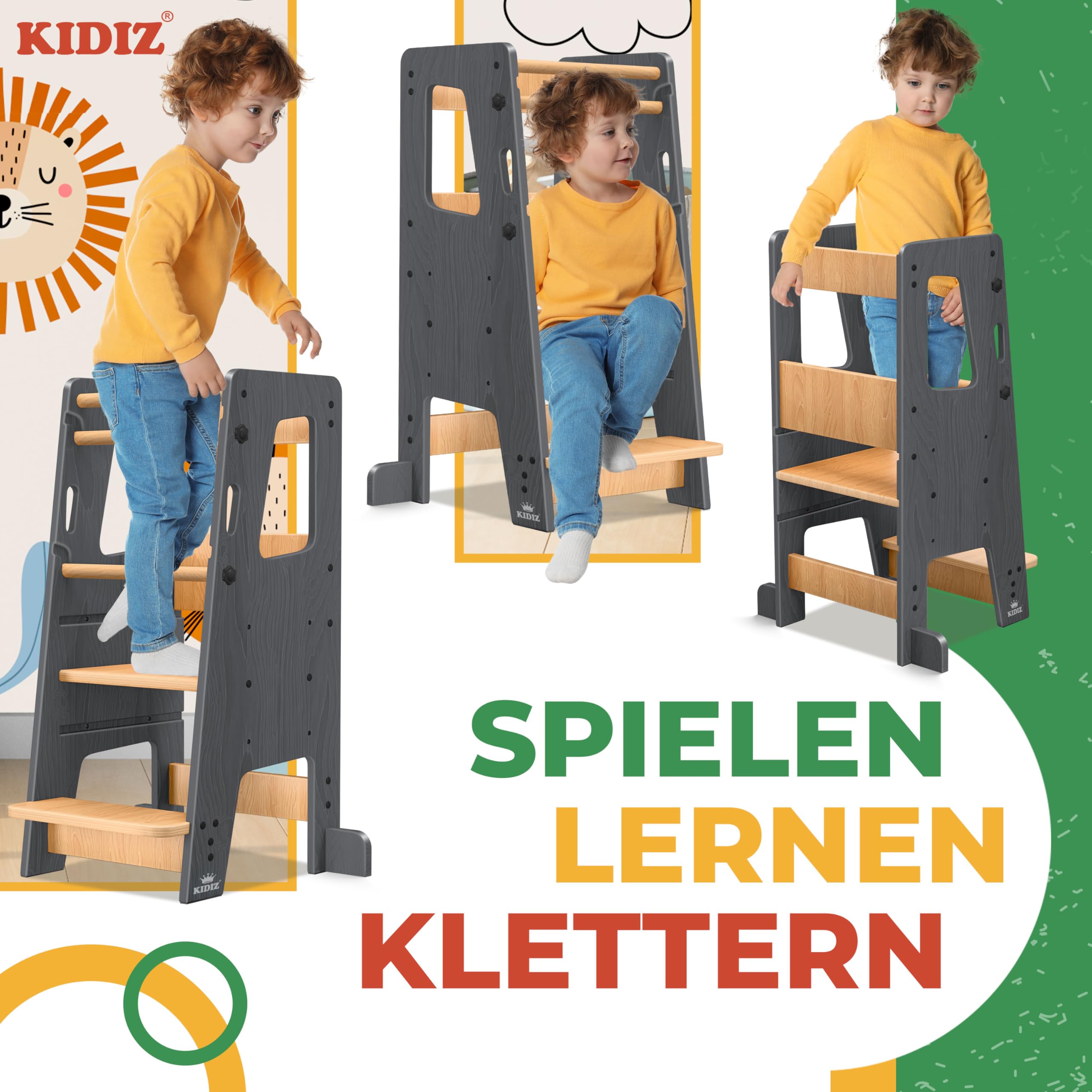 KIDIZ® Lernturm für Kinder ab 1 Jahr inkl. Lernuhr | 3-stufig Höhenverstellbarer Tritthocker aus Kiefernholz | spielerisch motorische Fähigkeiten fördern Montessori Learning Tower bis 50 kg belastbar