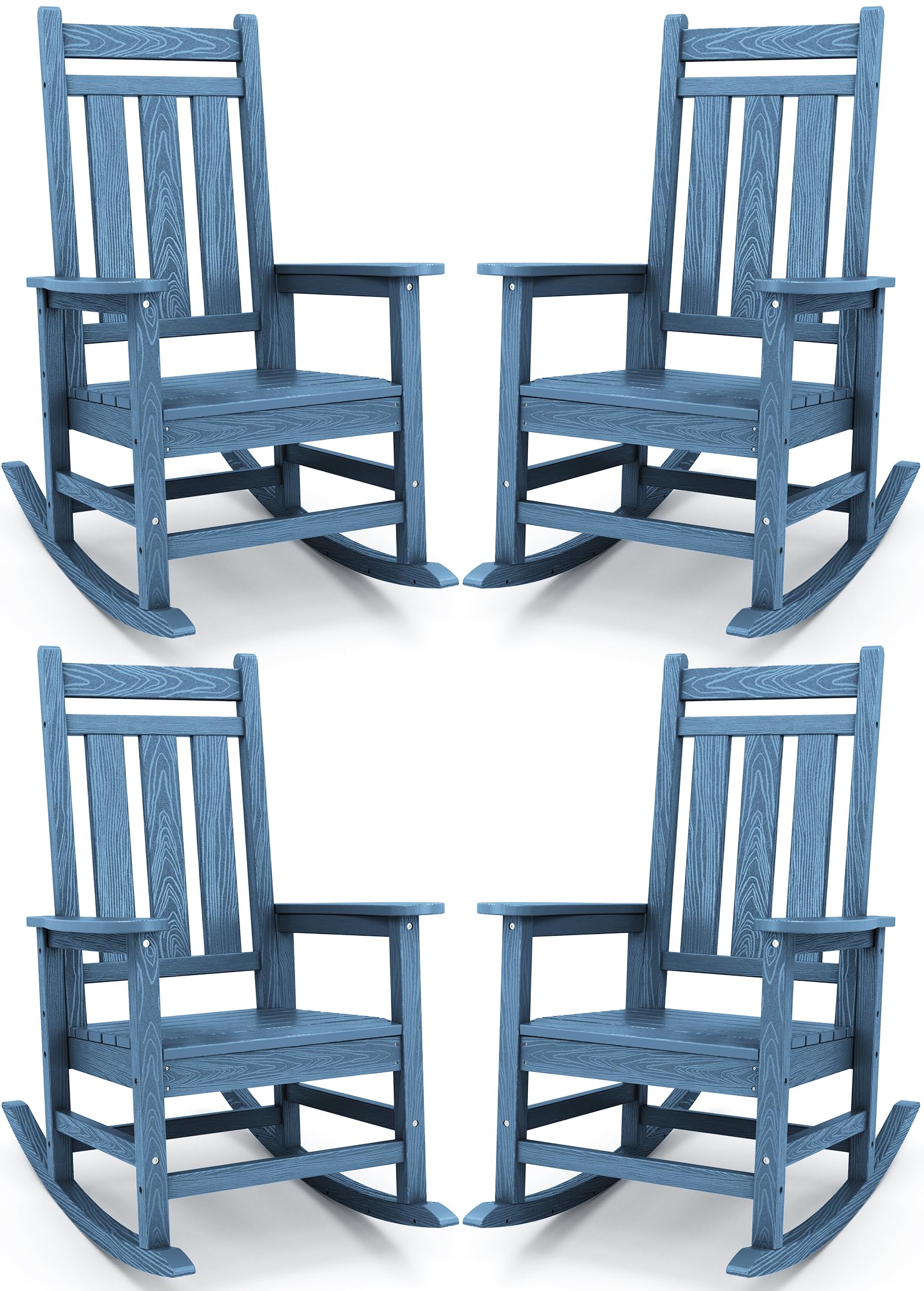 KINGYES Outdoor Rocking Chair Set of 4, All-Weather Patio Rocking Chairs for Porch, HDPE Rocking Outdoor Chairs with High Back for Adult, Heavy Duty Outdoor Patio Rockers for Garden, Lawn, Blue
