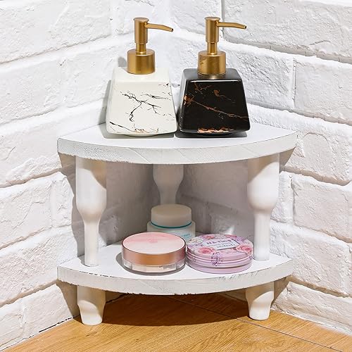 Sintuff Paquete de 2 estantes esquineros de madera para mostrador de baño, decoración de estantes apilables, bandeja elevadora de sector blanco,