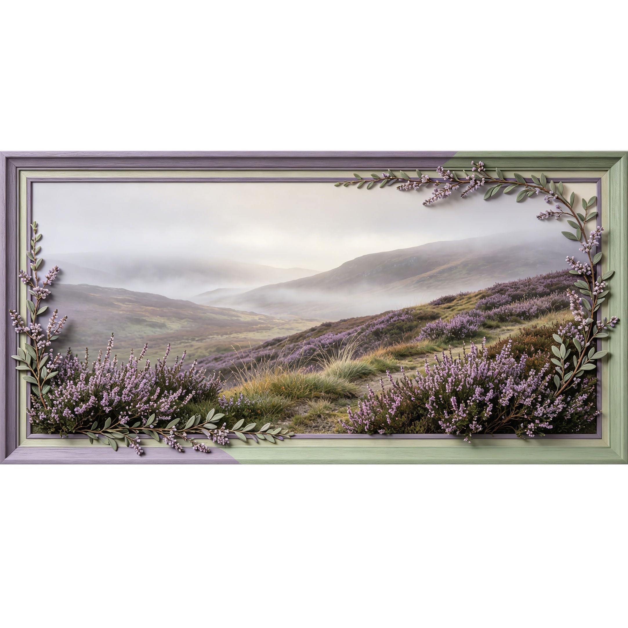 Agglomerix 3D Framed Wall Art Misty Mountain Heather Floral Landscape Botanical Trompe l'oeil Large Size SelfAdhesive Removable Wall Decor Prints Artwork for Living Room Bedroom Office