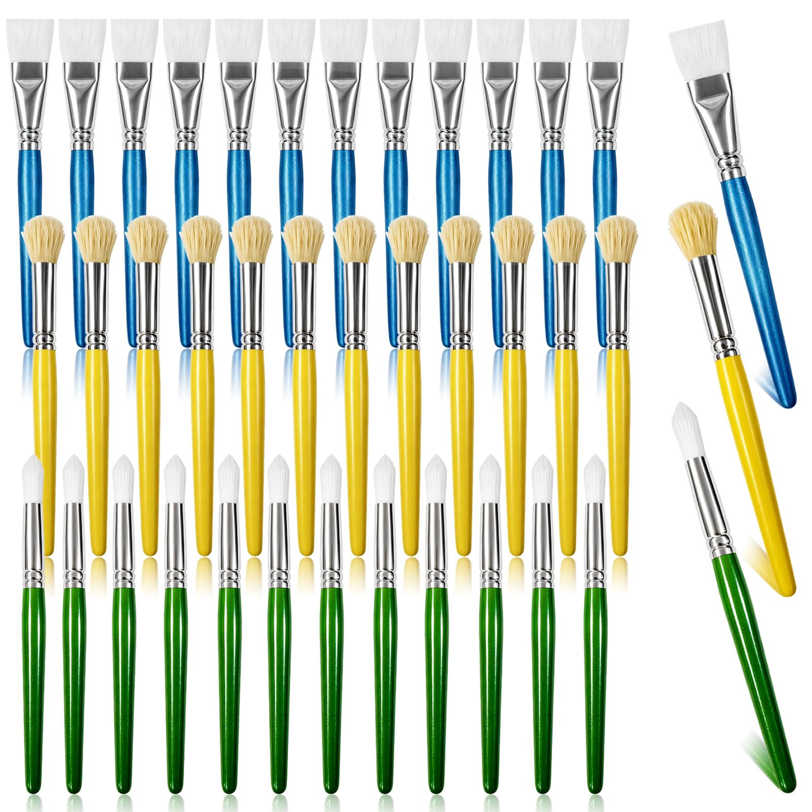 Set di pennelli per bambini, 36 pezzi, manici in legno | Pennelli a punta piatta e rotonda per acrilico, acquerello e pittura a olio. Ideale per aule, artigianato fai da te