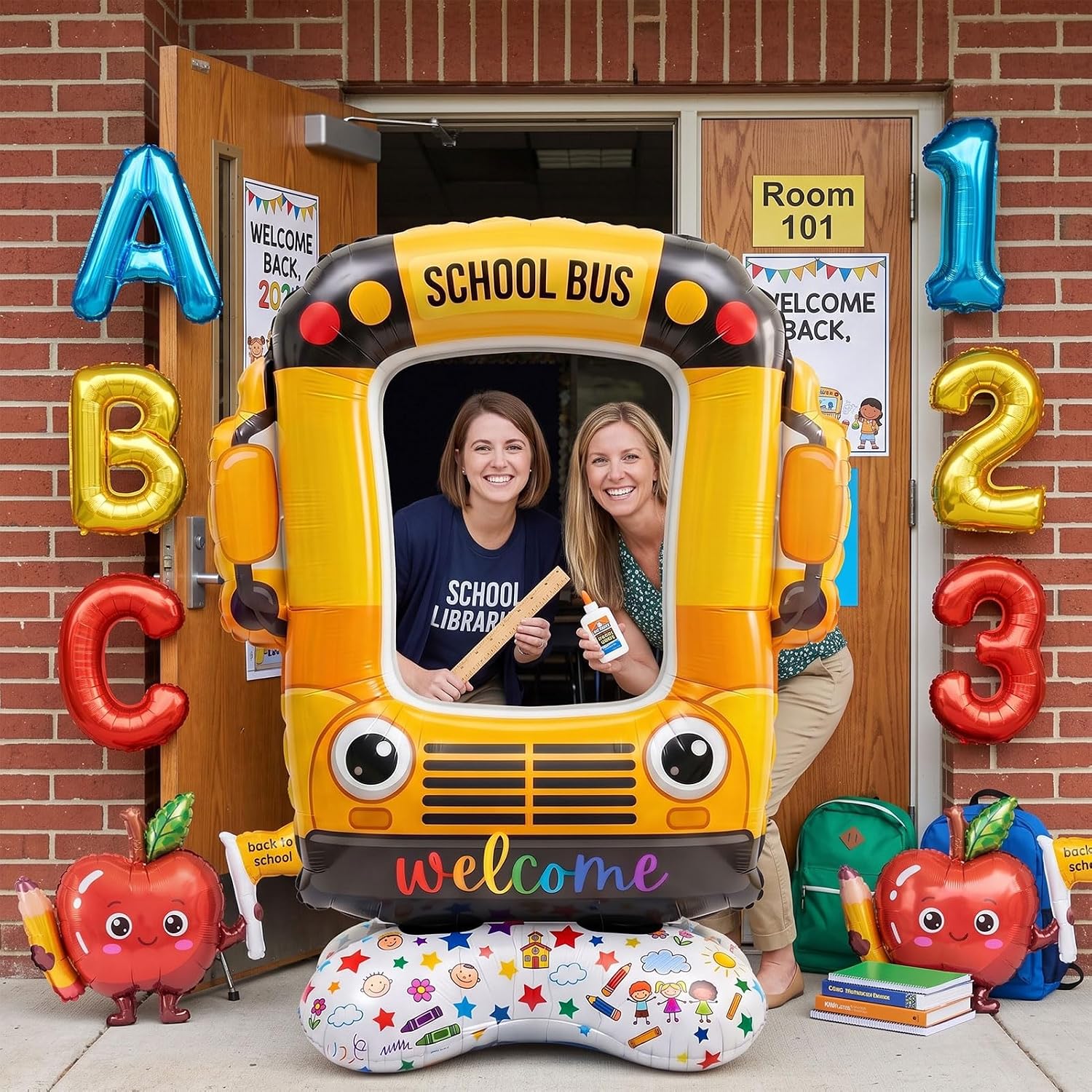 9Pcs Back to School Balloons First Day Photo Booth Props Decorations | Giant Self Standing Foil Inflatable School Bus Party Frame Backdrop, ABC 123 Apple Kindergarten Classroom Teacher Supplies