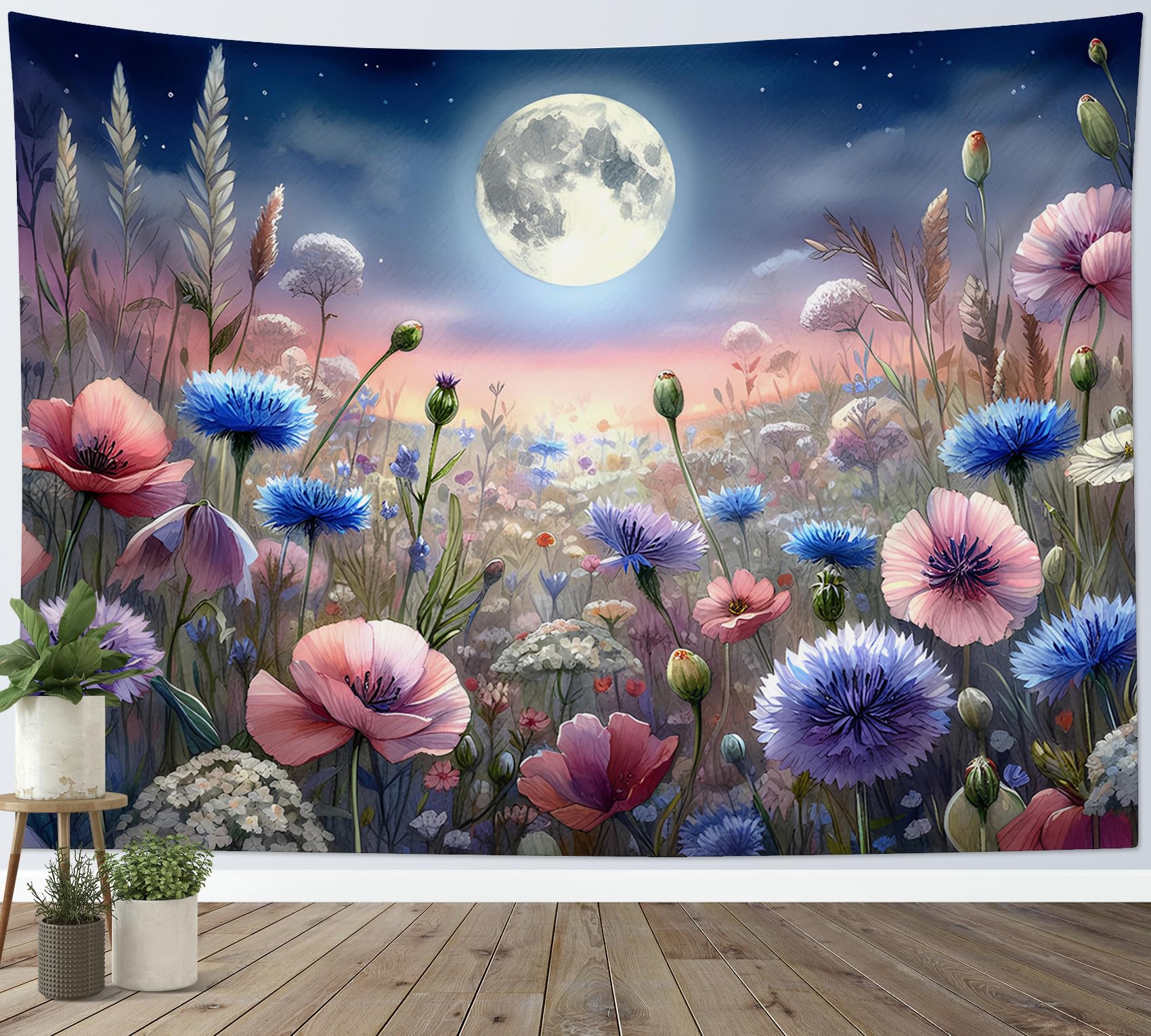 LB Pink and Blue Flower Tapestry Wall Hanging Moon Night Scenery Rustic Wildflower Wall Decor for Living Room Bedroom Home Office,78x59 inch โ image 1