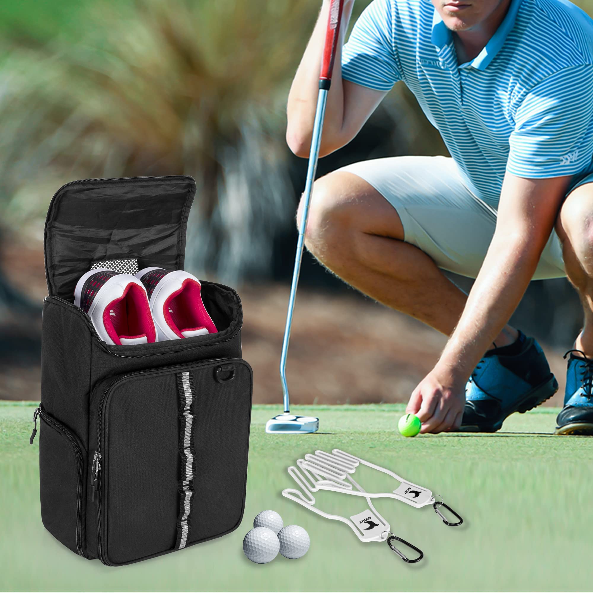 GOBUROS Golfschuhtasche für EIN Paar Schuhe US Herren 14, Golfschuh-Tragetasche mit kostenlosen Handschuhhaltern (EIN Paar), Vorder- und Seitentaschen für Tess, Handschuhe und Ball, Schwarz, Tasche