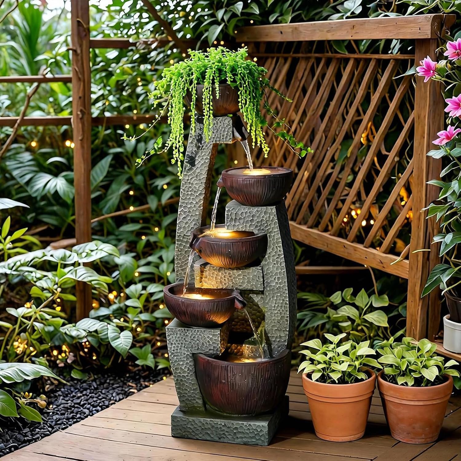 47.5" H Water Fountain Outdoor with LED Lights & Pump, 5-Tier Cascading Outdoor Fountain for Garden,Patio,Porch,Backyard,Home Art Decor Gifts for Housewarming