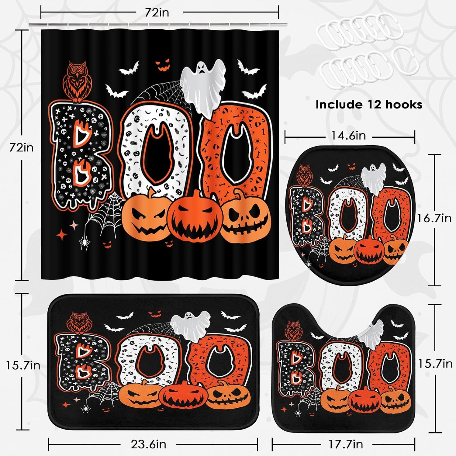 Arttown Halloween Bathroom Sets with Shower Curtain and Rugs, Orange