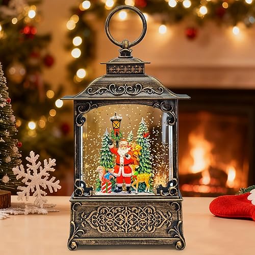 Miniatura 26 de Globo de Nieve Navideño con Linterna, Decoraciones de Navidad de Santa Claus y Renos para Interior, Globos de Nieve Musicales Iluminados con Árbol
