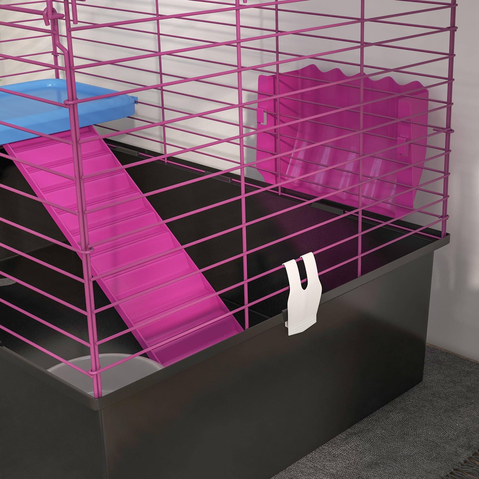 PawHut Meerschweinchenkäfig für Chinchillas Kaninchen mit Rampe 71x46x47cm schwarz | Kleintierkäfig, Schale, Wasserflasche