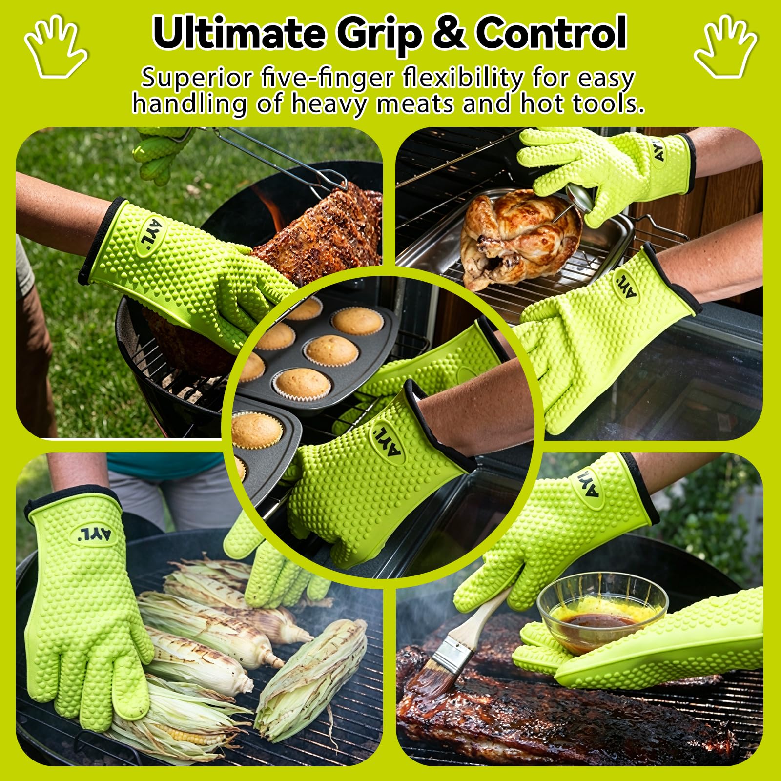 AYL Grillhandschuhe, hitzebeständige Handschuhe BBQ Küche Silikon Ofenhandschuhe, sichere Handhabung von heißen Lebensmitteln, Töpfen und Pfannen für Grillen, Kochen, Backen - interne schützende Baumwollschicht