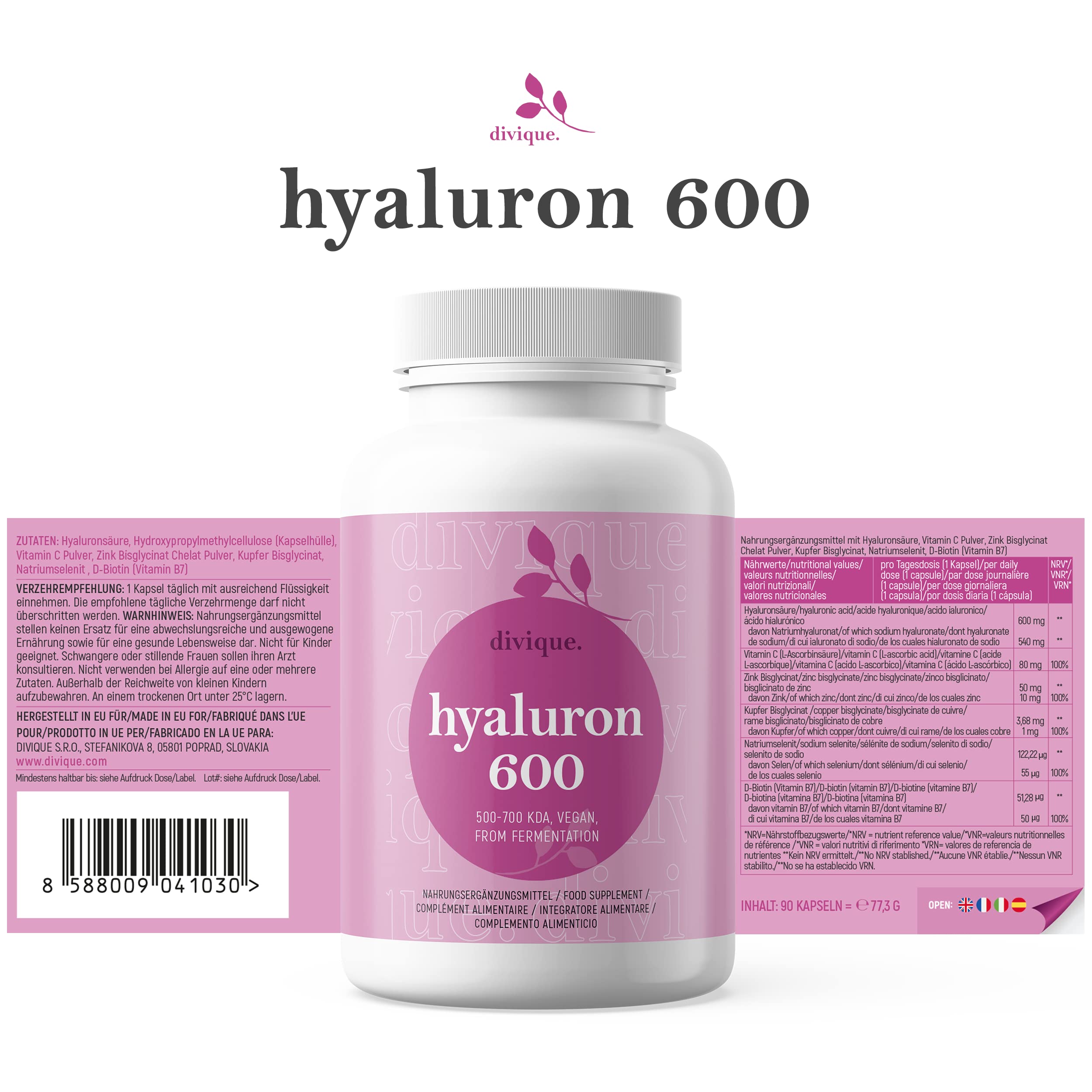 Divique Hyaluron Kapseln (90 Stk.) - Hyaluronsäure Kapseln hochdosiert mit 600mg Hyaluron (500-700 kDa) - mit Vitamin C, Zink, Kupfer, Selen u. Biotin - ohne unerwünschte Zusätze, Vegan, Laborgeprüft
