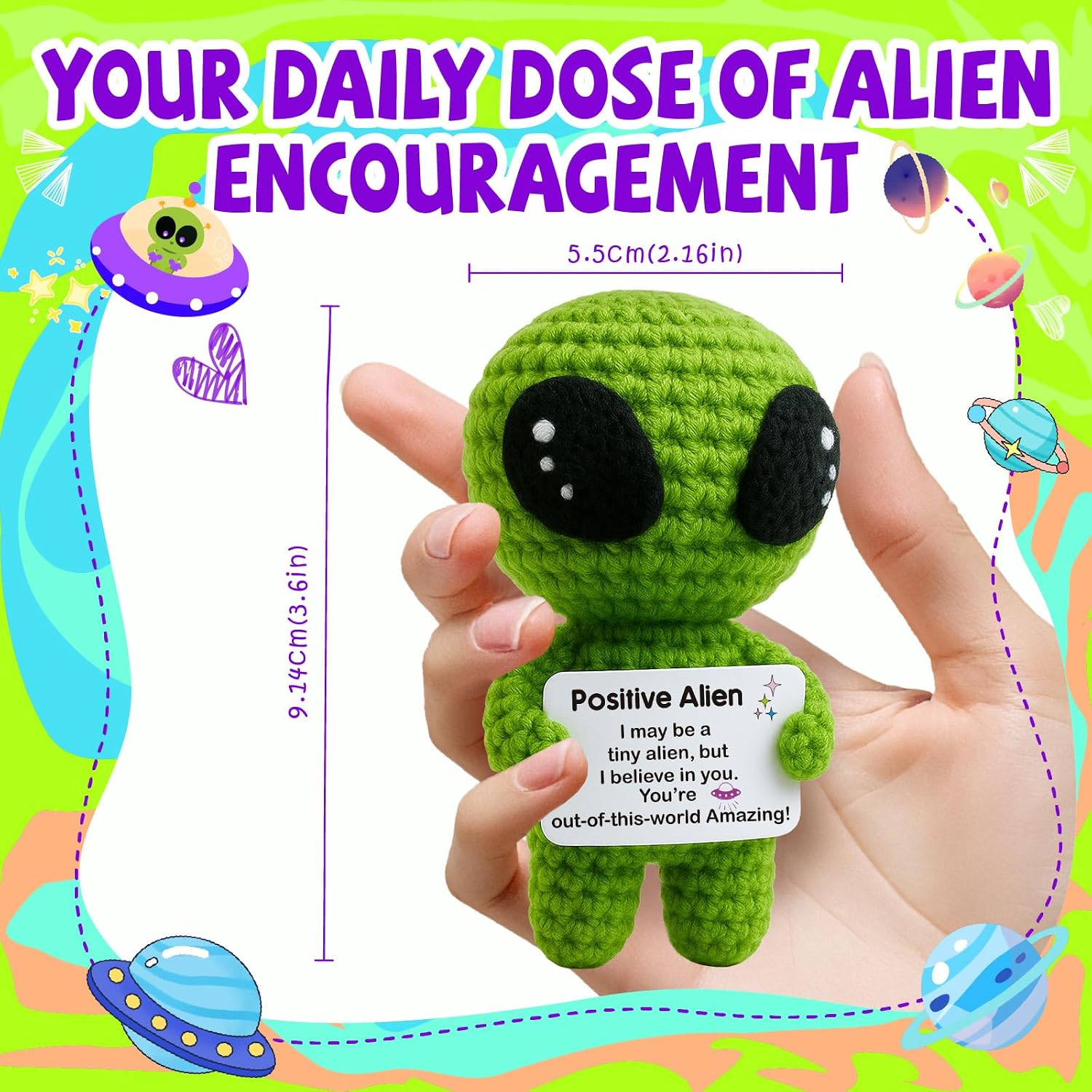 Positive Alien Crochet Plush with Message Affirmation Card - Appreciation Birthday Gift for Women Men, Her Him, Teen, Boy Girl, Inspirational College High School Graduation Congrats Grad Decoration