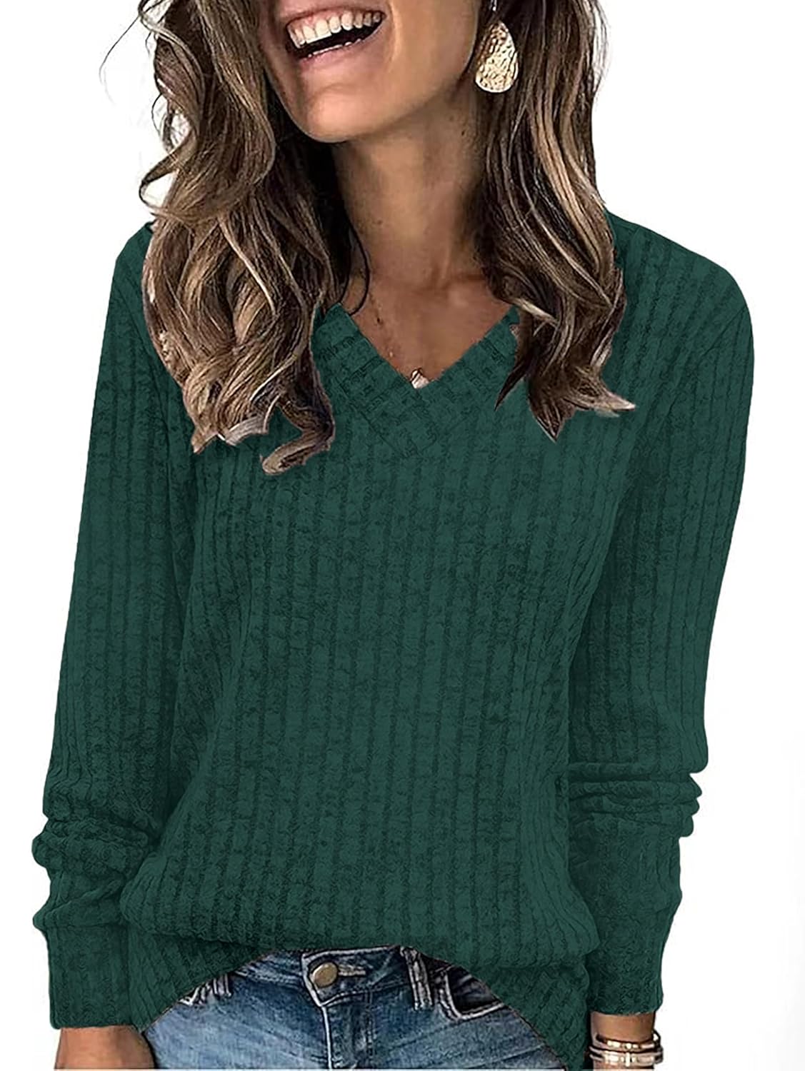 SunnyMelody Womens Casual V Neck Ribbed Knit Long Sleeve Sweater Fall Tops 2025 Trendy Lightweight Sweaters