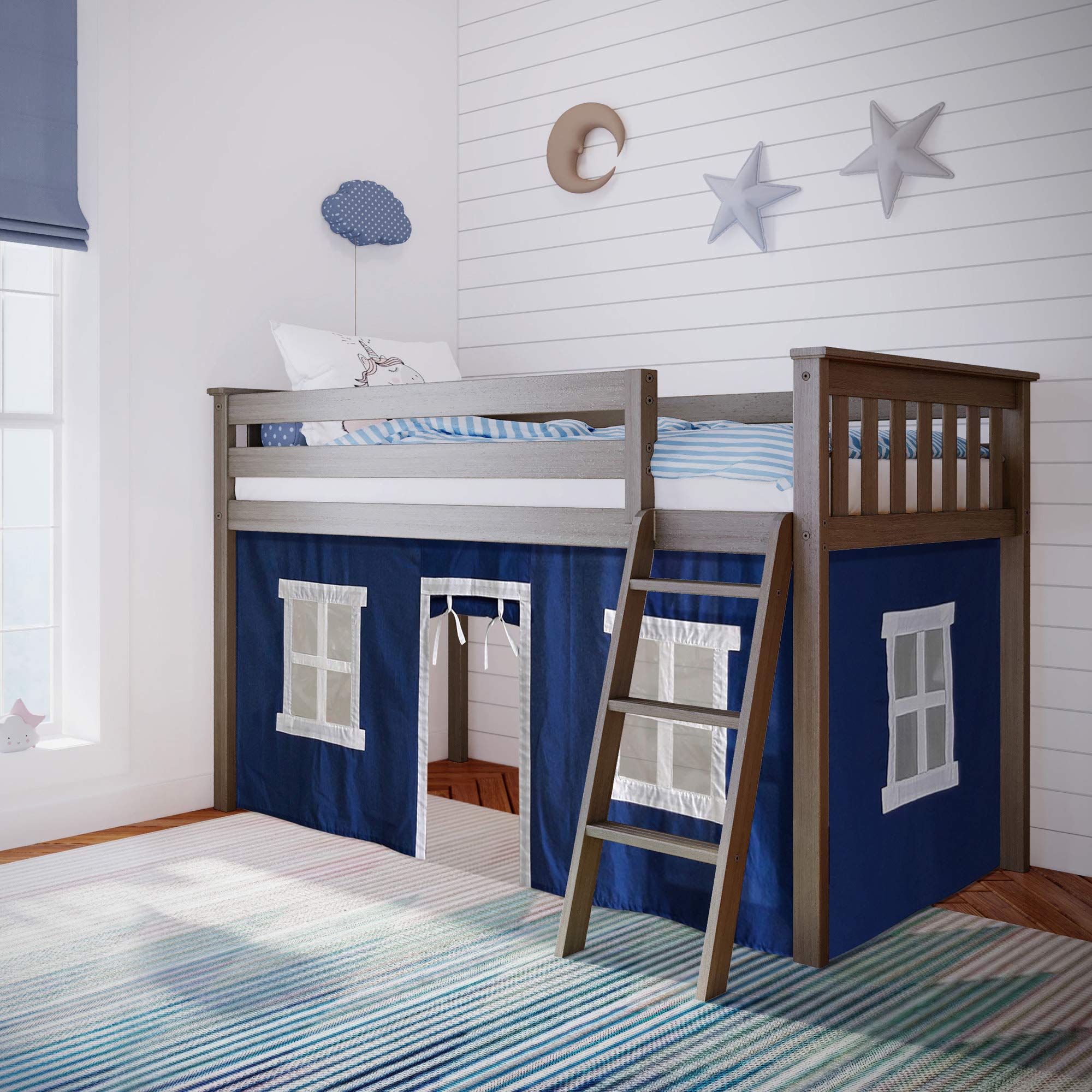 Max & Lily Low Loft Bed, Twin Bed Frame For Kids With Slide and Curtains For Bottom, Clay/Blue, Clay, Low Loft + Slide