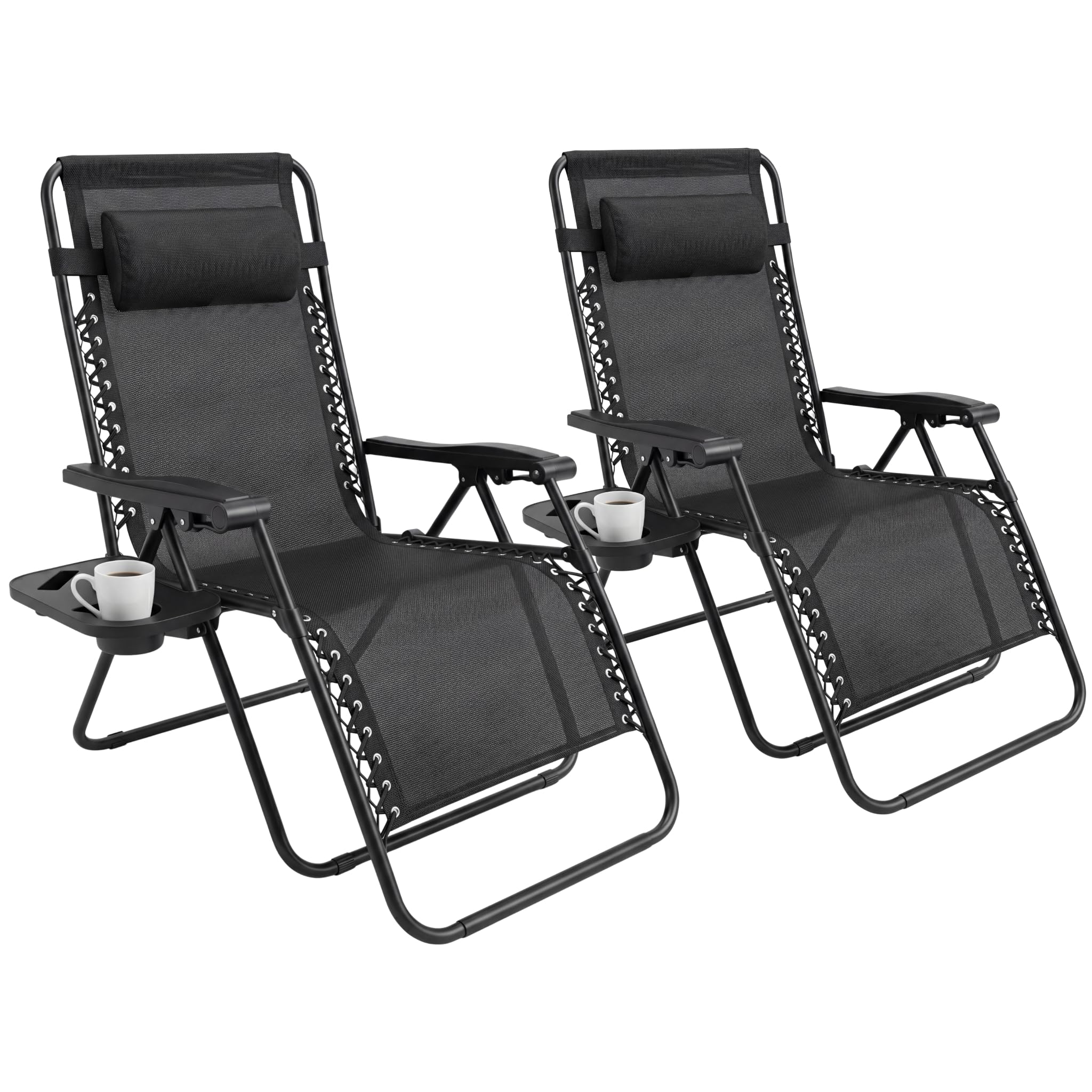 Set of 2 Folding Reclining Adjustable Zero Gravity Lounge Chairs, Garden Chairs leisure Beach Chair with Headrest Sun and Cup Holder Loungers Powder-coated Steel Frames, Sunlounger,Beach Lounger,Black