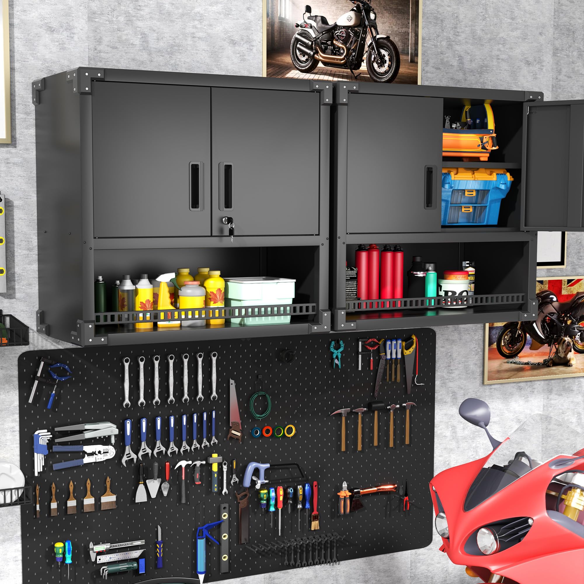 BIZOEIRON Garage Wall Cabinet with Doors and Shelves, Wall Mounted Metal Storage Cabinet with Open Storage, Lockable Hanging Tool Cabinet for Garage Utility Room, Black