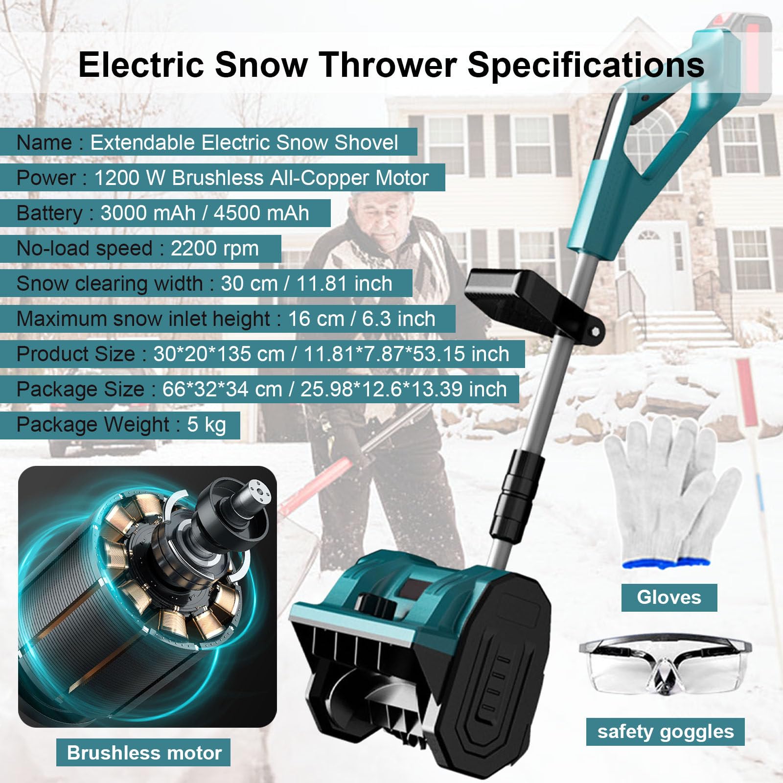Pala Da Neve Ricaricabile Aggiornata 2025-Asta Telescopica In Lega Di Alluminio,Strumento Per La Rimozione Della Neve Invernale Spazzaneve,Larghezza Di Sgombero 30cm 3000mAh-2batteries