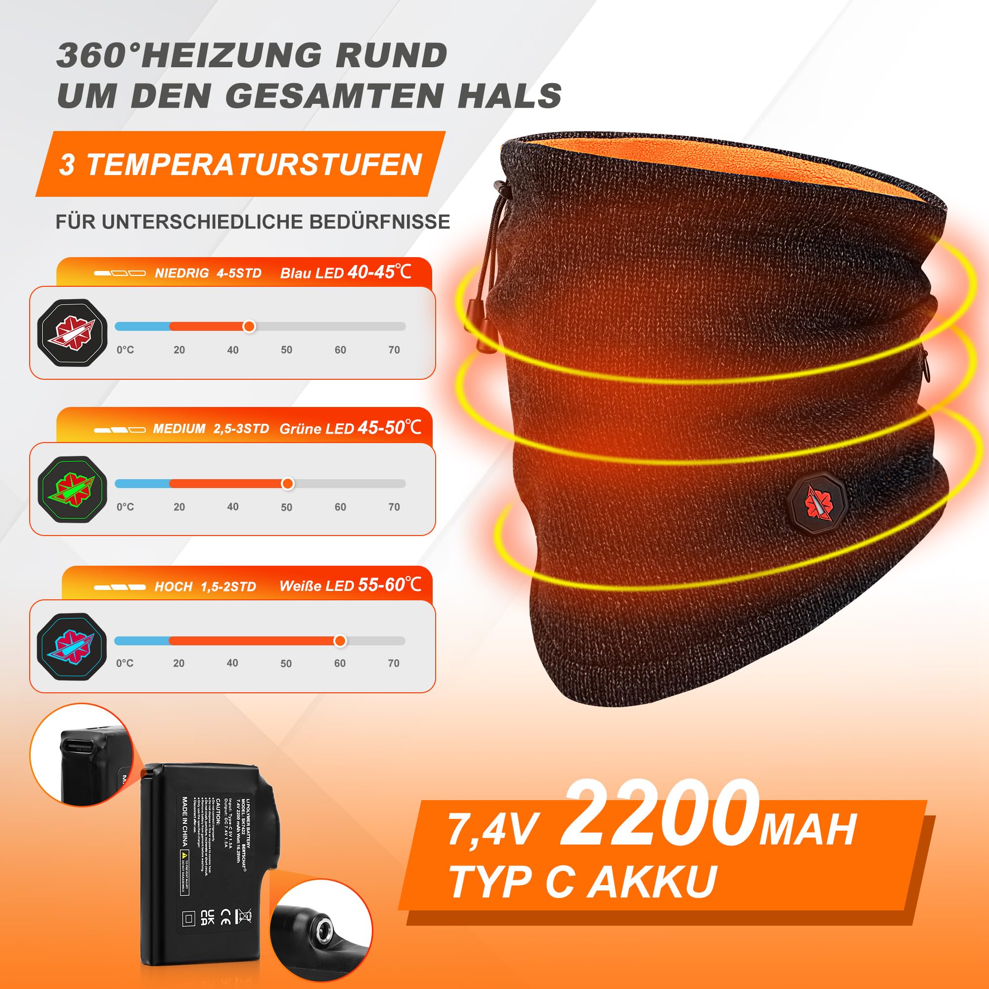 Dr.warm Sciarpa tubolare riscaldata a maglia, scaldacollo, scaldacollo, sciarpa elastica multifunzione con 3 impostazioni di temperatura per ciclismo, moto, sci, corsa