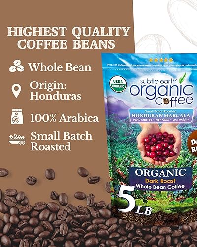 Miniatura 2 de Subtle Earth Café orgánico  tostado oscuro  Café de grano entero  100% granos arábica  Baja acidez y sin OMG  Bolsa de 5 libras