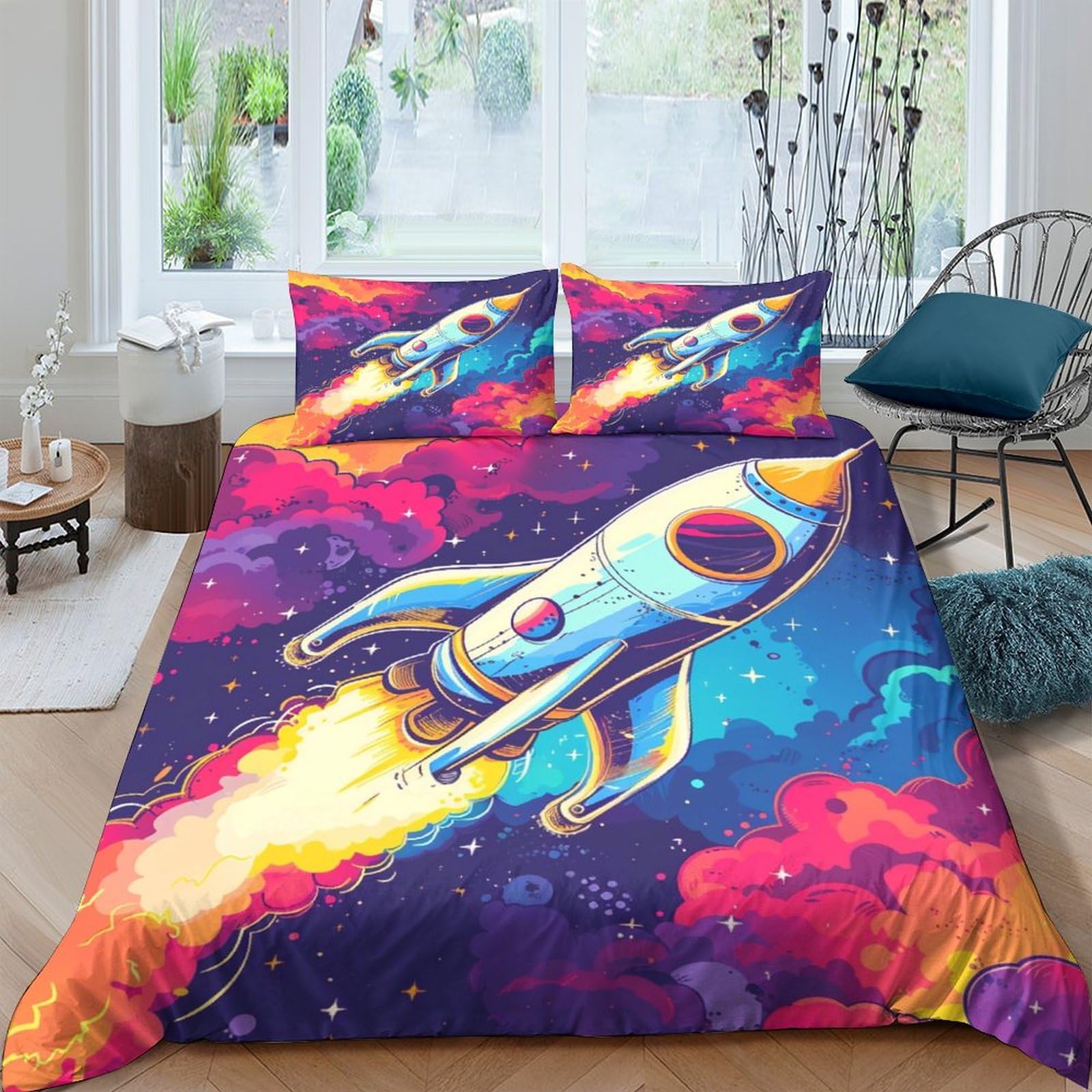 BARDYS Rocket 3D Printed Bedding Set Soft Microfiber Anime Comforter Cover with Pillowcaser, Quilt Cover with Zipper,Duvet Cover Set Light Weight for Kids Girls，boys King（220x240cm）