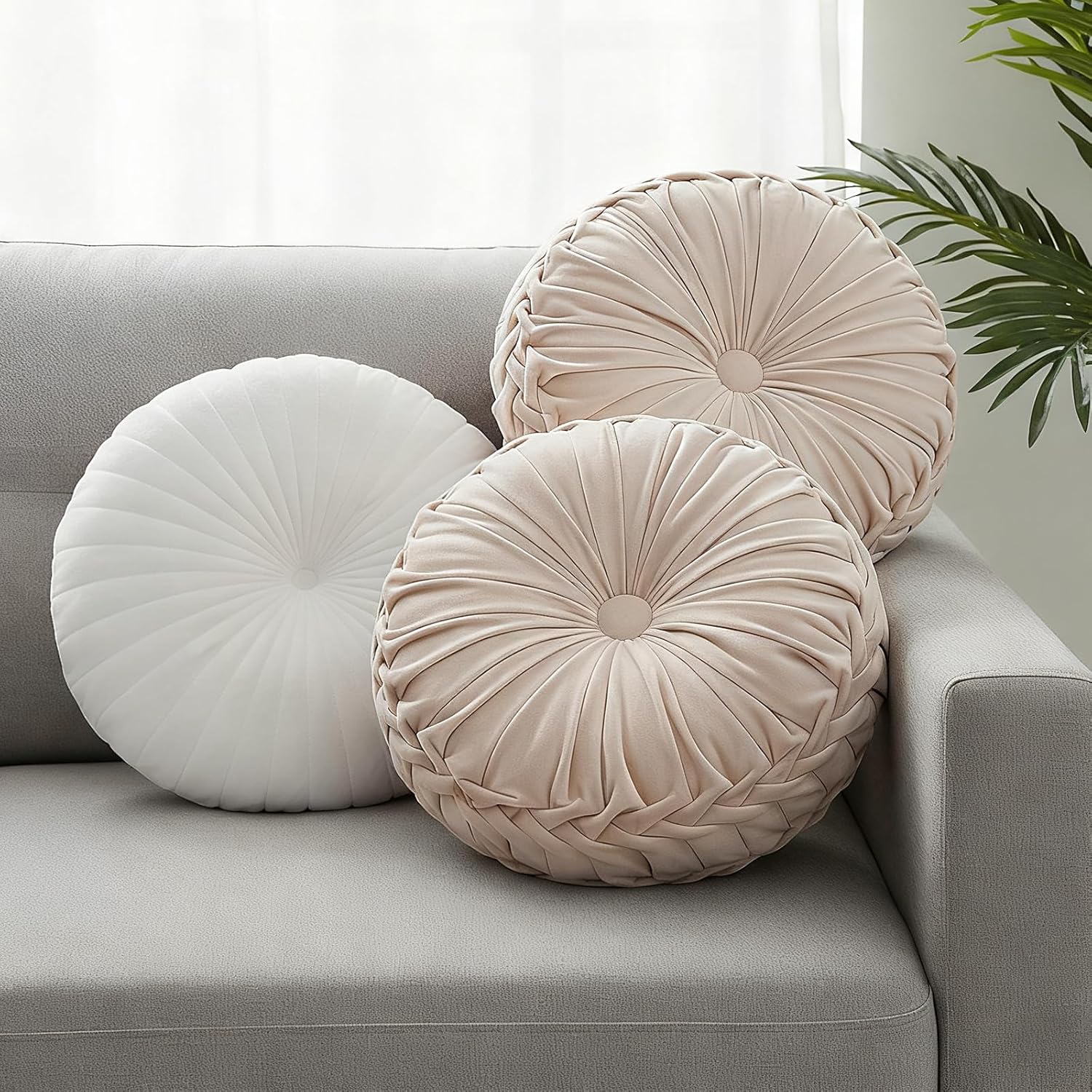 3 Pcs Round Throw Velvet Pillows Classy Accent Pumpkin Throw Pillows 15 Inch Decorative Cushion for Couch Chair Bed Car, 2 Styles (White)