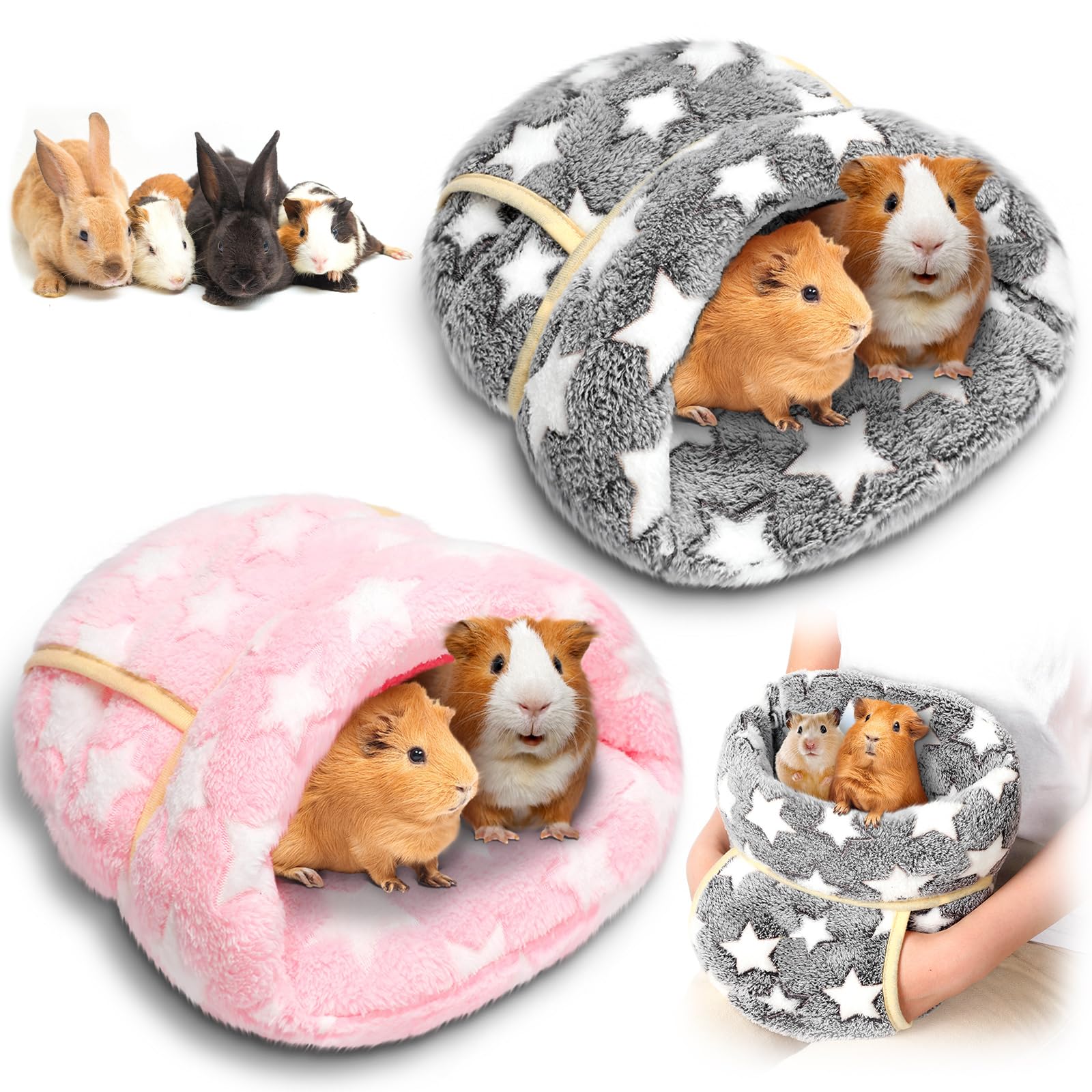 Wenqik 2 Pcs Guinea Pig Bed Cuddle Warm Hideout Small Animal Sack Cozy House Bedding Sleeping Cushion Portable Pet Carrier Cage Nest for Rabbit Hamster Rat (Gray, Light Pink,Pentagram)