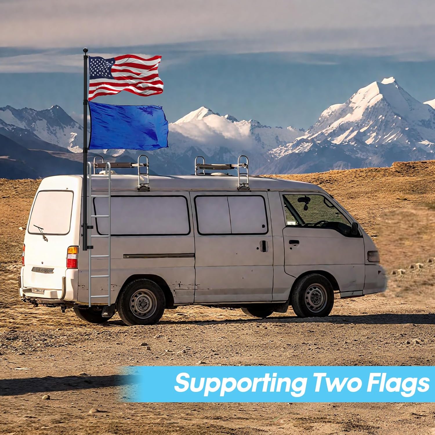 RV Flag Pole with Holder,RV Ladder Mount,Heavy Duty Flagpole Stand Holder,Two Flag RV Ladder Flag Pole Kit