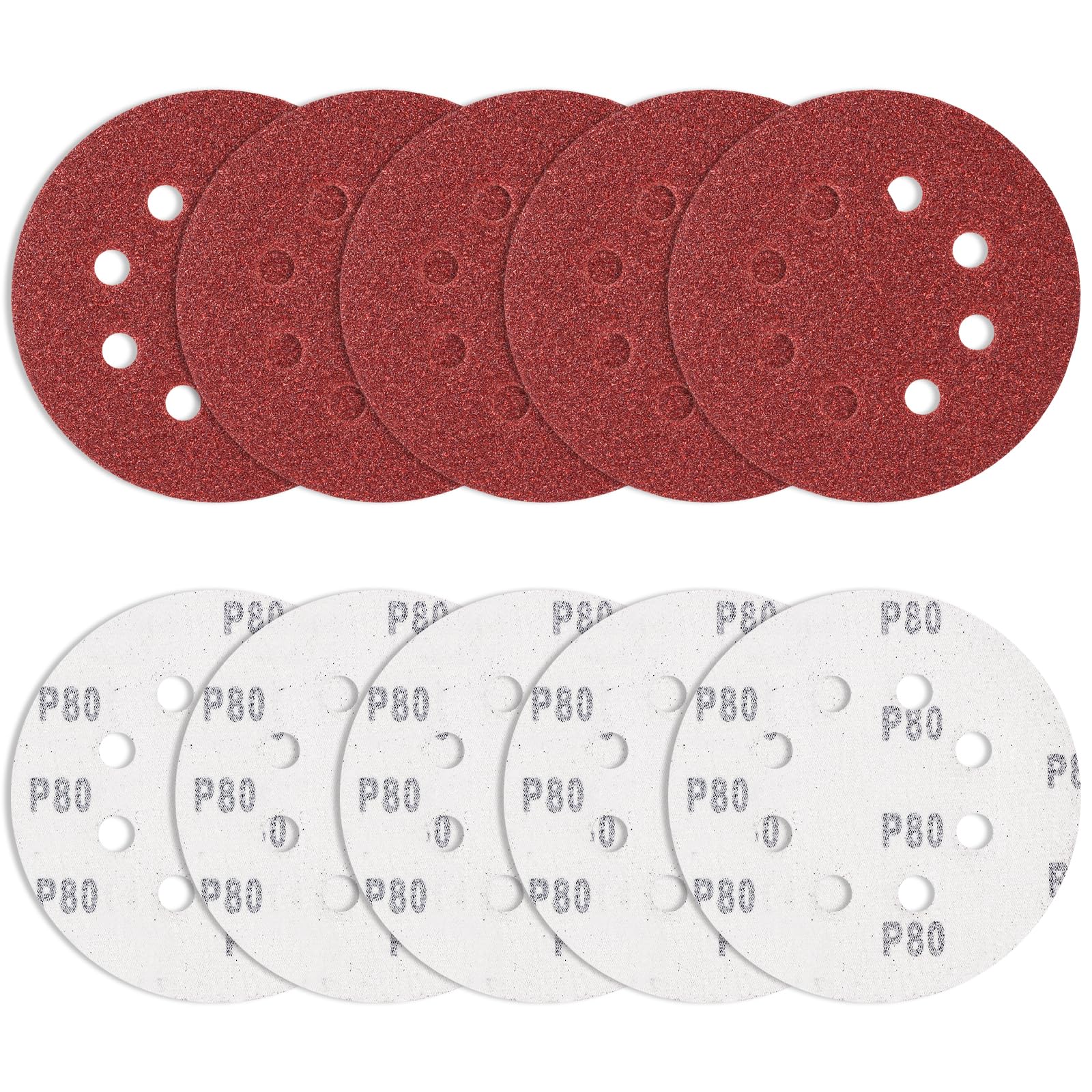 10Pcs 125mm Sanding Discs 80 Grits, 5 Inch 8 Hole Hook and Loop Round Sanding Pads for Random Orbital Sander