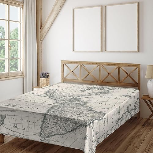 Miniatura 2 de Ambesonne Sábana encimera de mapa mundial, mapa antiguo de Estados Unidos en el mundo de los años 1600 en la era medieval en estilo retro, suave y