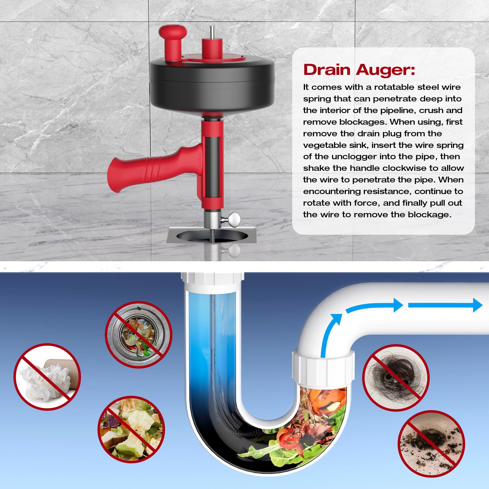 Furet Déboucheur Canalisation Spirale de Nettoyage de Tuyau 7,6m - Embout de Percage & Tambour Flexible en Métal pour Déblocage Efficace