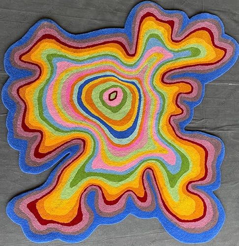 Miniatura 4 de Alfombra de forma irregular con patrón de ilusión copetuda a mano, 100% lana, hecha a mano (color multicolor, 4 x 4 pies)