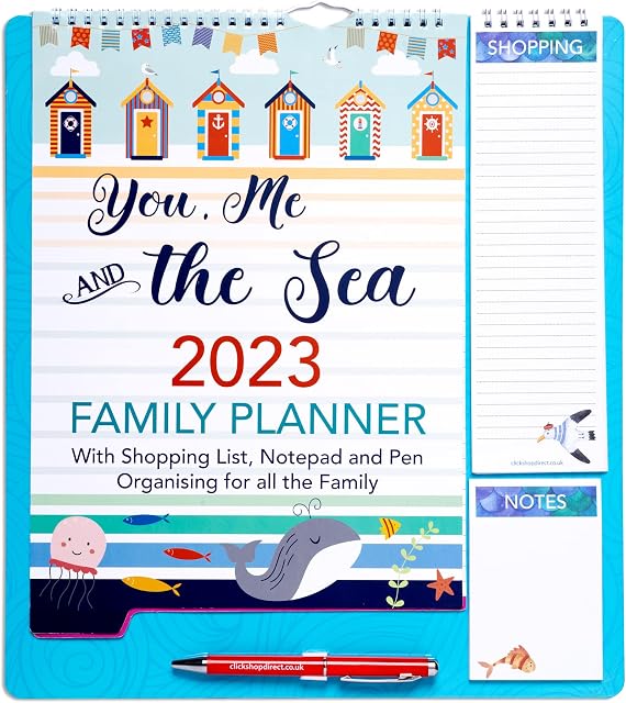 2023 Family Organiser Calendar Wall Planner with Memo Pad, Pen & Shopping List - You Me and The Sea - Monthly Five Columns