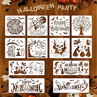 12PCS Reusable Painting Stencils Halloween Template DIY Craft Template Paint Stencils for Halloween Party Decor DIY on Wood Wall Home Canvas Decor 3 x 3 inch