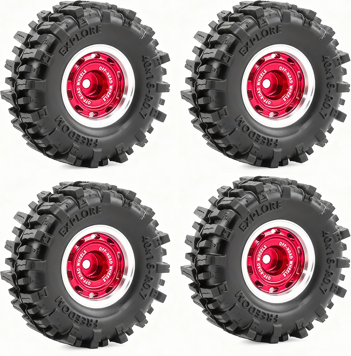 0.7” Wheel & Mud Terrain Tire Set for 1/30 RC Crawler, -1.00mm Offset, Axial SCX30 & Redcat Ascent-32, CNC Aluminum Rims, 5mm Hex, Shims Screwdriver Included, Pre-Assembled, 4 pcs, Red