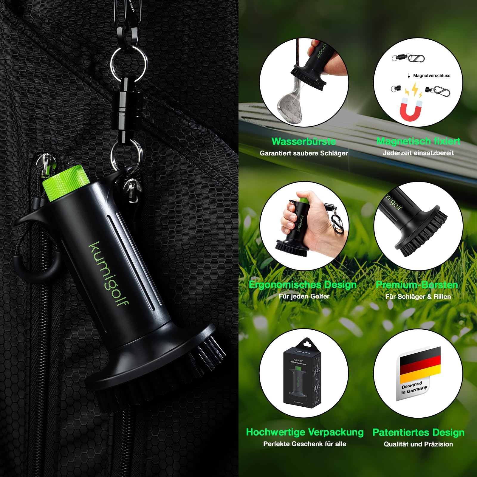 H3 Golf Wasserbürste mit Wassertank – Golf Bürste für Golfschläger Reinigung, Golfschläger Bürste & Schlägerreiniger – Magnetclip, Nylonborsten – Premium Golf Zubehör Geschenk