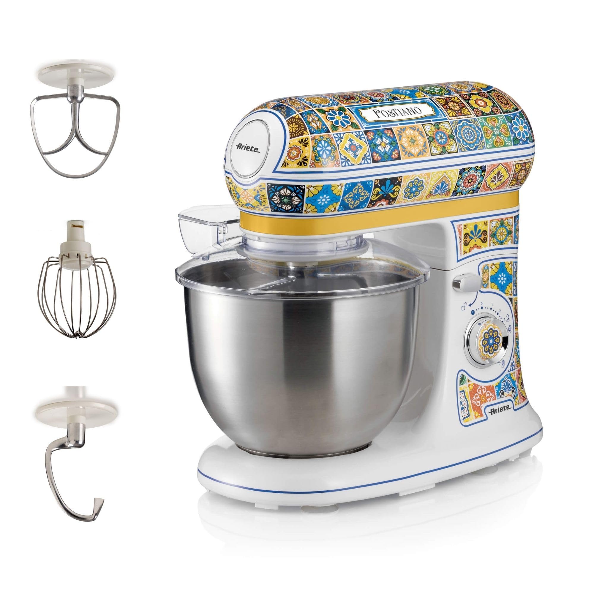 Ariete 1588 Robot Patissier Positano, 7 Vitesses, 3 Fouets pour les Pétrissages Doux et Durs, Couvercle Anti-Éclaboussures, Bol en Acier Inoxydable de 5,5 Litres, Design Méditerranéen, 2400 Watts