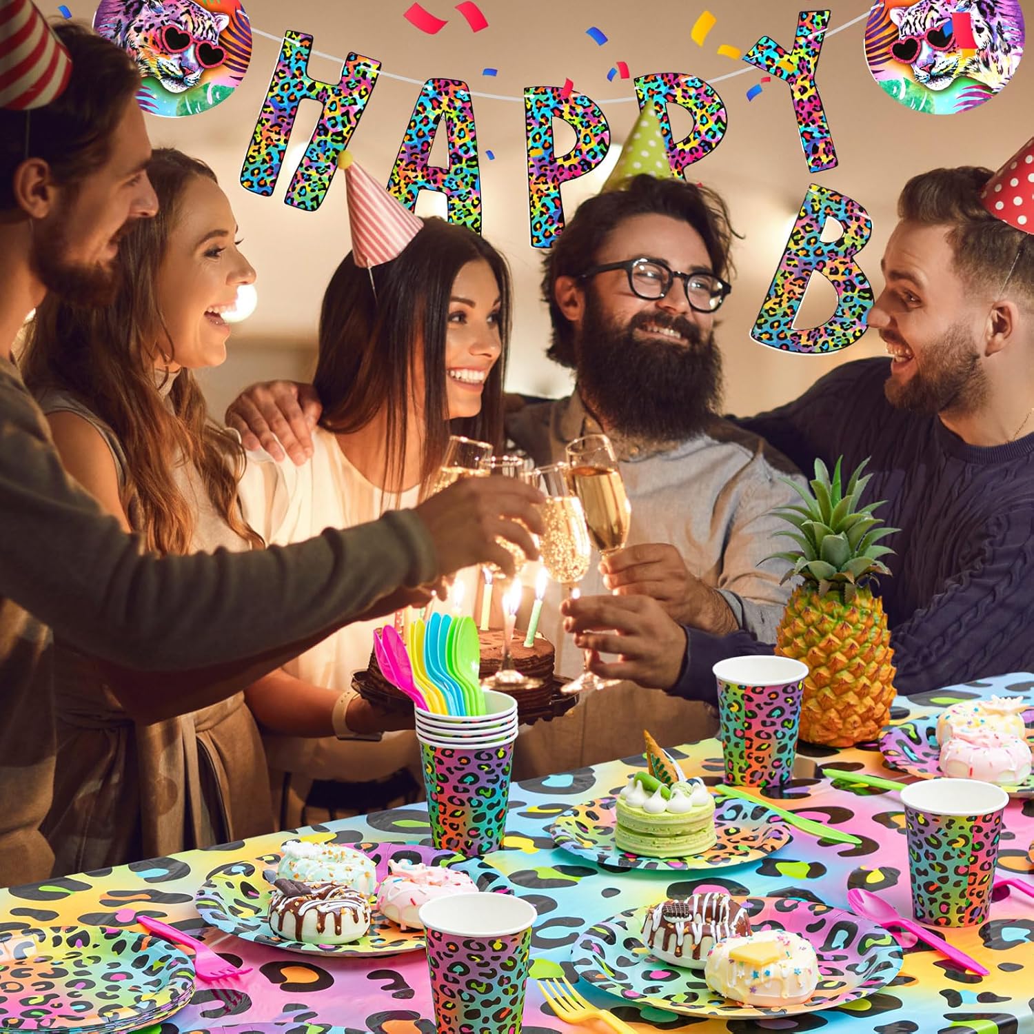 Zonon Cheetah Birthday Decorations Tableware Set Neon Rainbow Leopard Birthday Party Decorations Include Banner, Plates, Napkins, and Tablecloth Etc, for Rainbow Leopard Party Supplies