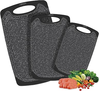Chopping Boards for Kitchen, 3 Set Plastic Chopping Board, Dishwasher Safe Kitchen Plates for Meat, Vegetables, Bread and Fruits with Handle, Juice Grooves, Non-Slip Rubber Black Marble