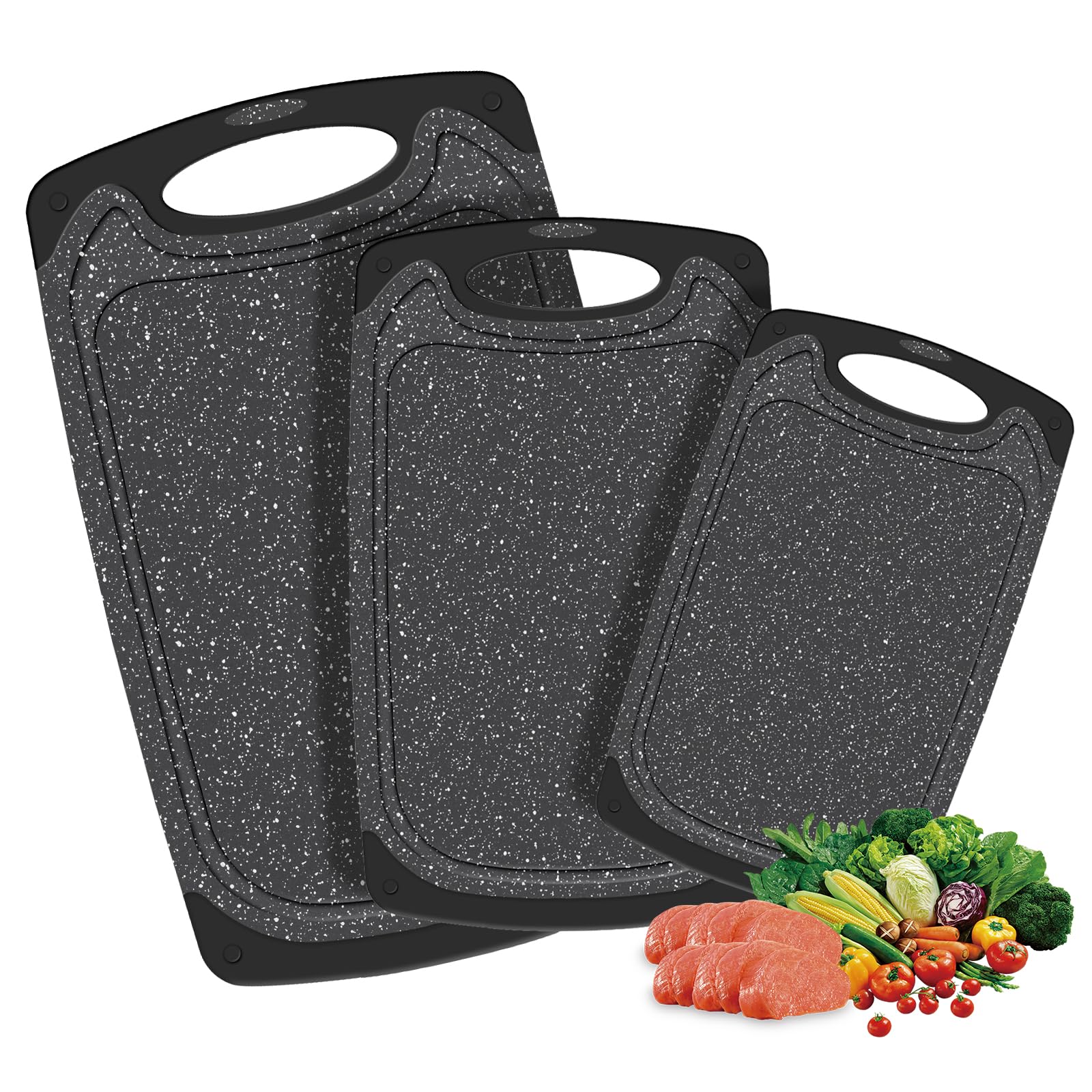 Schneidebrett Set für Küche mit Größen (S/M/L), Schneidebrett Kunststoff mit Griff, Saftrillen, Rutschgummi für Fleisch Gemüse Obst - Schneidebretter BPA-frei, Spülmaschinenfest Küchenbrett