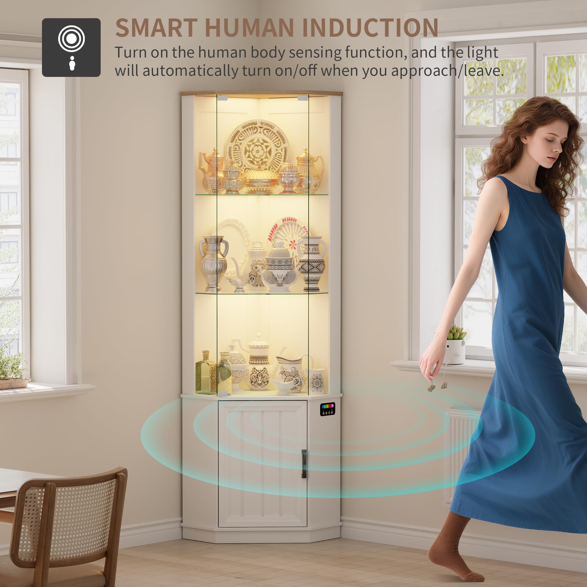 Lvifur Eckvitrine mit LED Beleuchtung und Schubladen für Sammlerstücke,Wein,3-Lagen Glasvitrine Vitrine Vitrinenschrank mit Intelligente Sensorik für Wohnzimmer,Schlafzimmer