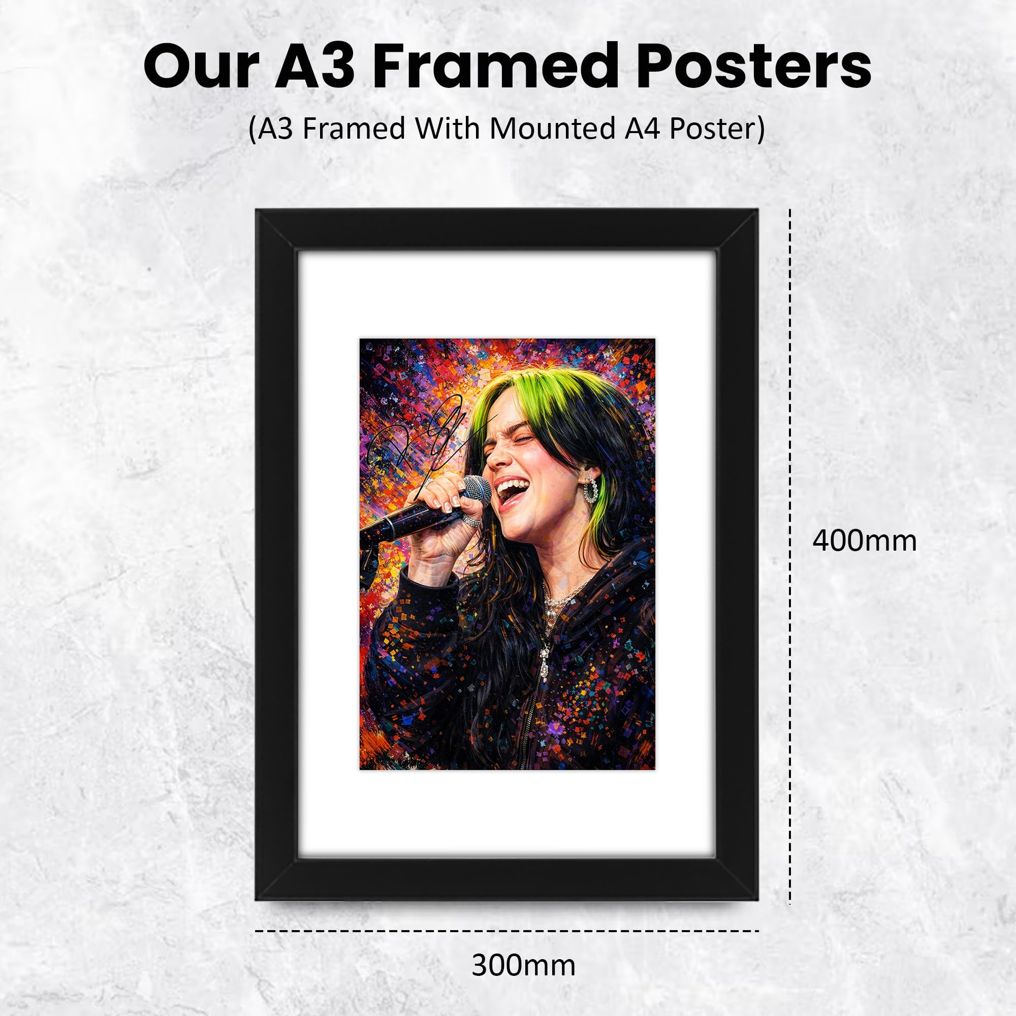 Poster con stampa autografata di Billie Eilish, in edizione limitata, idea regalo per i fan, memorabilia da collezione, formato A3, incorniciato con passepartout