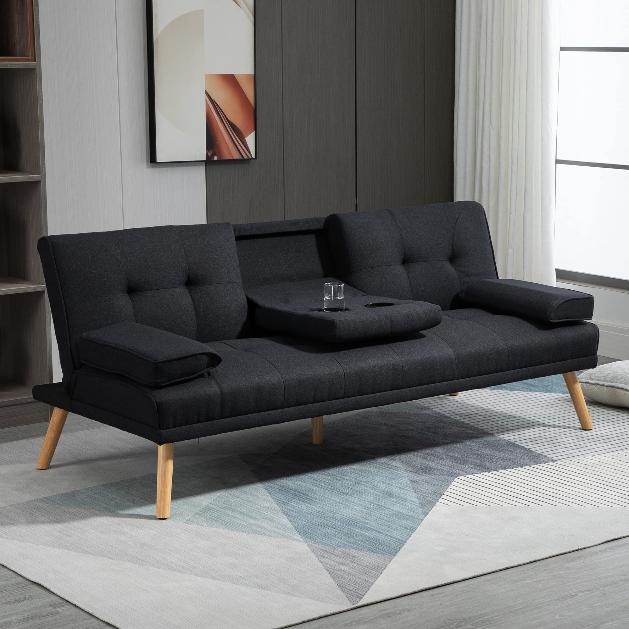 HOMCOM Canapé Convertible 3 Places, canapé-lit rembourré avec Dossier réglable 3 Niveaux, 2 Coussins et 2 Porte-gobelets intégrés, Tissu de Lin, pour Salon, Chambre d'amis, Petit Espace, Gris