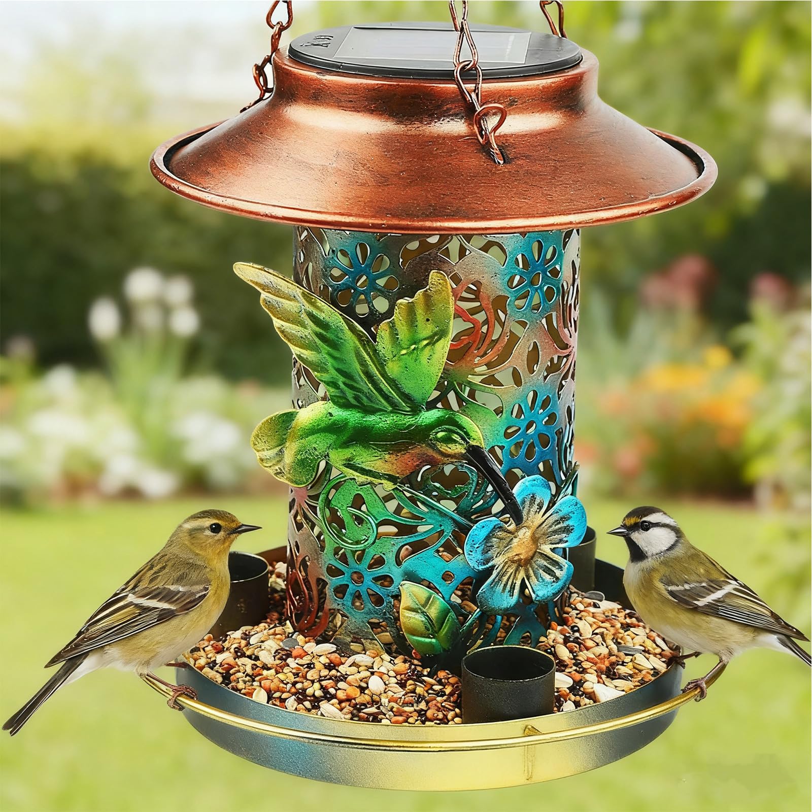 SOONHUA Solar Bird Feeder for Outdoors Hanging, Metal Wild Bird Feeder with Food Tray, Lighted, Chew Proof, Weather and Water Resistant Garden Lantern for Yard, Outside and Garden Decoration