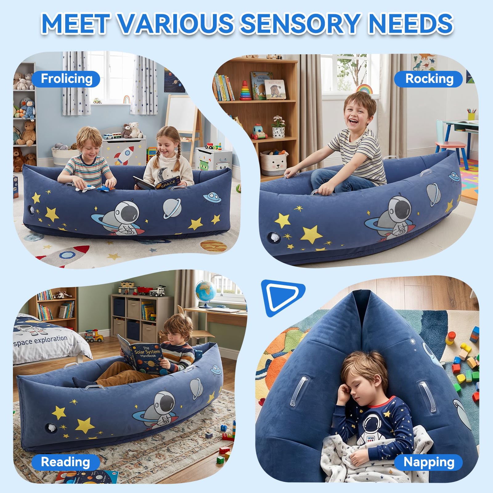 LOAOL Sedia sensoriale Peapod per autismo ADHD bambini: canoa sensoriale gonfiabile da 150 cm con motivo spaziale che si illumina al buio – Seduta calmante a pressione profonda per bambini in cerca