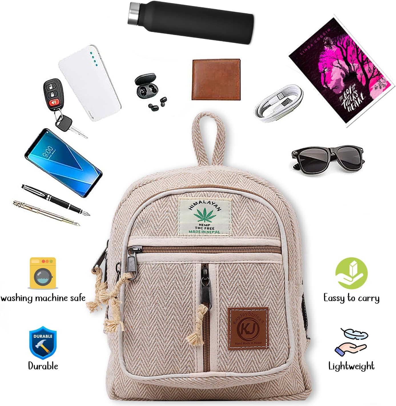 Small Lightweight Minipack Handmade Himalayan Hemp Travel, Hiking, Purse for Men, Women (Natural)